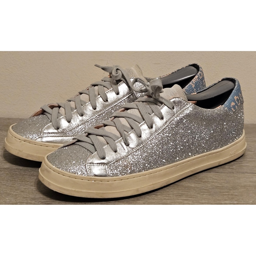 P448 John Persia Silver Glitter Low Top Sneakers Blue Heel Made in Italy Size 40